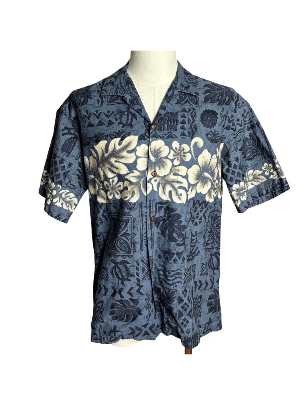 Vintage 90s Button Up Hawaiian Camp Shirt L Blue Floral Short Sleeve Hibiscus
